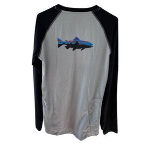 Patagonia Women Capilene Cool Daily Long Sleeve Shirt Gray Black Fish Graphic M